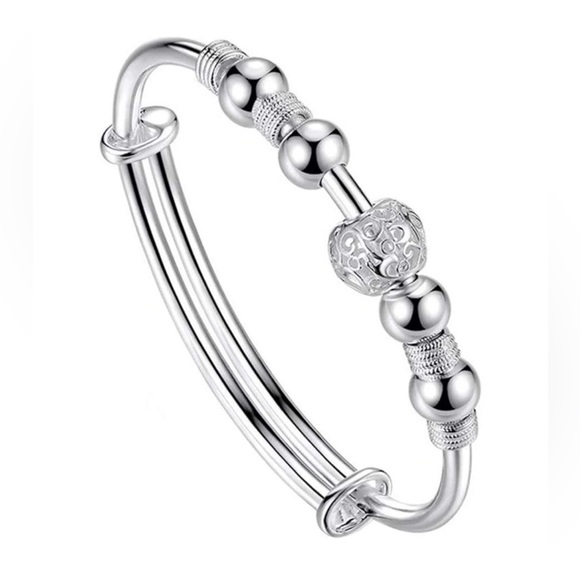 New Sterling Silver Lucky Heart Beads Bangle Bracelet - Picture 5 of 6